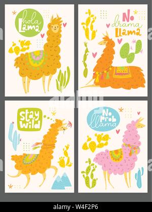 Ensemble de quatre cartes de motivation avec lama et cactus Illustration de Vecteur