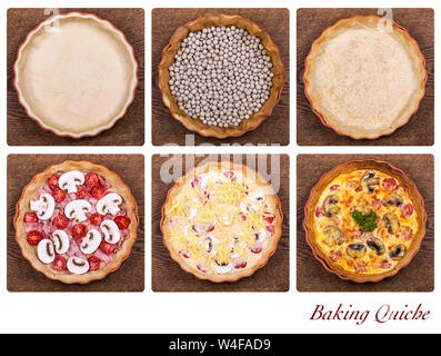 Un collage montrant les étapes de la confection d'un appareil à quiche, pâte de bicarbonate par blind au produit fini. Banque D'Images