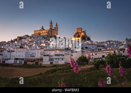 Olvera ville avec château et cathédrale au coucher du soleil - Olvera, Cadiz Province, Andalusia, Spain Banque D'Images