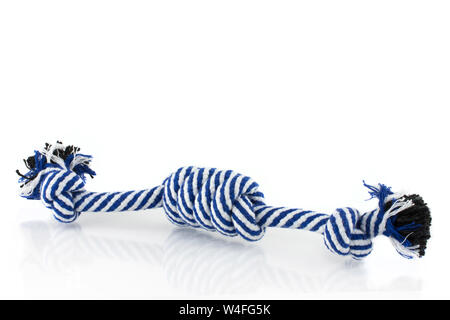 Chien bleu à mâcher jouet corde à nœuds. isolé sur fond blanc. Banque D'Images