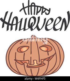 Illustratoin d'une citrouille souriante avec le signe d'halloween heureux dessiné à la main. Vector illustration. Illustration de Vecteur