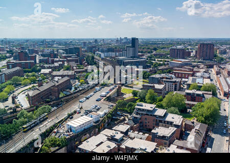 La zone Castlefield depuis le Cloud 23 bar dans la Beetham Tower, Manchester, Angleterre, Royaume-Uni. Banque D'Images