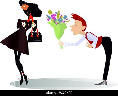 Illustration homme, femme et bouquet de fleurs.L'homme en amour donne un bouquet de fleurs à sa femme isolée sur l'illustration blanche Illustration de Vecteur