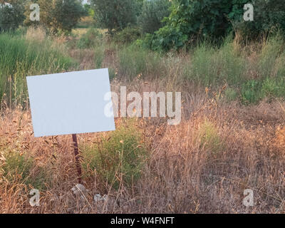 Champ couvert par les mauvaises herbes, avec blanc métallique vierge signe. Mock-up à vendre annonce avec copie espace. Banque D'Images