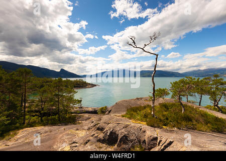 Un paysage sauvage en Norvège au fjord de Geiranger en été avec un ciel bleu et les nuages blancs et rochers en premier plan sur une belle journée. Banque D'Images