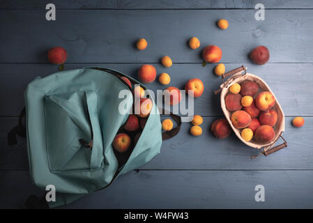 Les fruits dans un sac à dos pour l'école tableau bleu. Pêches et abricots en panier métal Banque D'Images