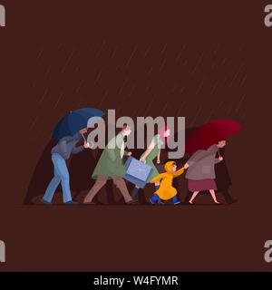 Personnes marchant sous la pluie. Jour de pluie en saison d'automne. Homme, femme et enfant vecteur illustration caractères télévision. Illustration de Vecteur