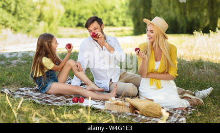 Les jeunes ayant de la famille en pique-nique sur l'herbe de campagne Banque D'Images