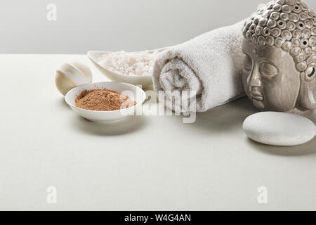 Le sel de mer et de l'argile en poudre dans des bols, des serviettes en coton, pierre, bath bomb et Buddha figurine sur tableau blanc isolé sur gray Banque D'Images