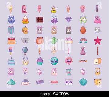 Set icônes de style kawaii cute vector illustration design Illustration de Vecteur