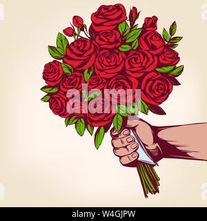 Donne à la main un bouquet de fleurs roses, carte de souhaits hand drawn vector illustration croquis réalistes Illustration de Vecteur