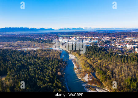 Vue aérienne de Geretsried, réserve naturelle Isarauen, Haute-Bavière, Allemagne Banque D'Images