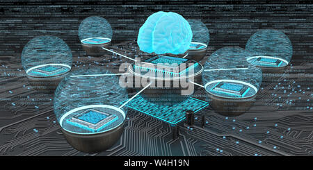 Le développement de l'intelligence artificielle, cerveau humain avec des puces en réseau, 3D Illustration Banque D'Images