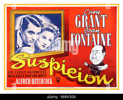 UK Vintage affiche de film d'Hitchcock "suspicion" (1941) Cette affiche est pour la ré-édition en 1953 et est l'une des premières affiches pour une image de la fonction de directeur lui-même. Banque D'Images