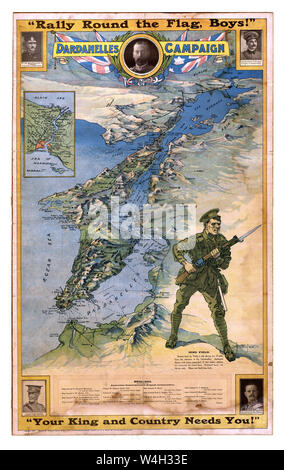 Vintage WW1 affiche de propagande de recrutement campagne TURQUIE Dardanelles (1915). La Première Guerre mondiale, le recrutement affiche montrant les Dardanelles et un soldat de l'armée britannique à coups de baïonnette et WW1, la Première Guerre mondiale, Première Guerre mondiale, la Grande Guerre, Banque D'Images