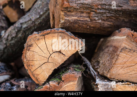 Pile de bois triangle superposés préparé pour cheminée et chaudière. Arrière-plan avec pile de bois. Gros plan du bois dans la cour - tas de cho Banque D'Images