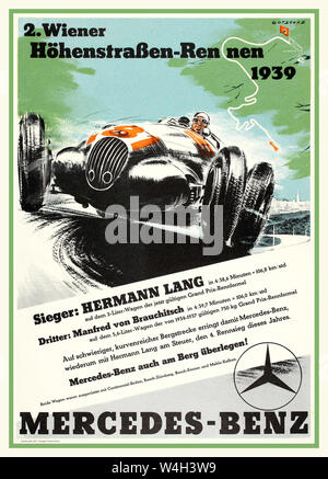 Moteur Mercedes Vintage poster 1939 Race Street Vienne vainqueur de l'HERMANN LANG Troisième Manfred von Brauchitsch avec ligne d'arrivée course marquée par un Drapeau à croix gammée rouge Banque D'Images