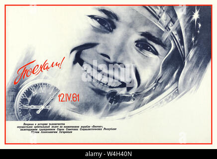 Vintage Yuri Gagarin russe Russie course espace propagande Poster “allons-y! 12.IV.1961”. RSS d'Ukraine, URSS, 1984 Yuri Gagarin Banque D'Images