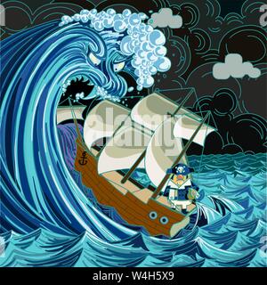 Face moyenne vague géante avec les grandes dents avale un style ancien voilier que le capitaine se tient calmement dans le dos. Illustration de Vecteur