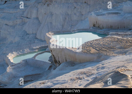 Turquie : le détail des pools calciques sur les terrasses en travertin à Pamukkale (château de coton), site naturel de roches sédimentaires déposées par des sources chaudes Banque D'Images