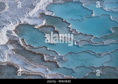 Turquie : le détail des pools calciques sur les terrasses en travertin à Pamukkale (château de coton), site naturel de roches sédimentaires déposées par des sources chaudes Banque D'Images