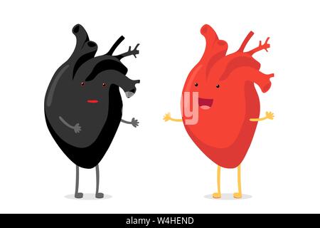 Concept de racisme. Cœur de l'homme noir confusion vs happy smiling cute émotion emoji caractère rouge d'homme blanc. Anatomique médicale interne funny cartoon Illustration de Vecteur