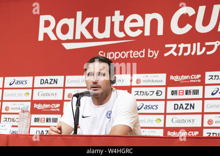 23 juillet 2019 - Tokyo, Japon - Frank Lampard, manager du Chelsea FC prend la parole lors d'une conférence de presse après avoir gagné un match contre le FC Barcelone pour la Coupe 2019 à Saitama Rakuten Stadium 2002. Chelsea FC 2-1 sur le FC Barcelone dans la cuvette de Rakuten, à Tokyo. (Crédit Image : © Rodrigo Reyes Marin/Zuma sur le fil) Banque D'Images