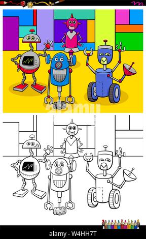 Cartoon Illustration de robots amusants personnages fantastiques de l'activité de coloriage Illustration de Vecteur