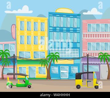 Rue asiatique avec des bâtiments colorés, les fils électriques et les Tuk Tuks sur les routes. Cartoon Vector illustration Illustration de Vecteur