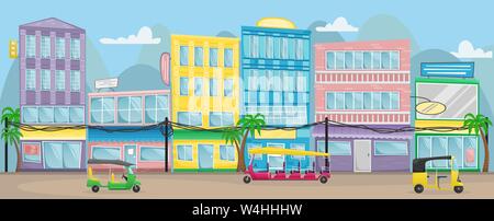 Rue asiatique avec des bâtiments colorés, les fils électriques et les Tuk Tuks sur les routes. Cartoon Vector illustration Illustration de Vecteur
