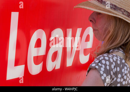 Le jour que le parti conservateur à l'élection de son chef et le premier ministre du pays, Boris Johnson, Brexiteers montrer leur appui sur College Green après le résultat, le 23 juillet 2019, à Westminster, Londres, Angleterre. Banque D'Images