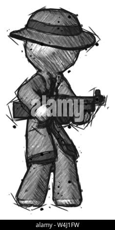 Croquis homme détective Tommy gun tir gangster poser. Banque D'Images