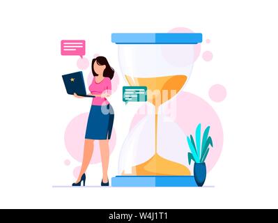 Concept de gestion du temps. Femme avec un ordinateur portable se trouve près de grand sablier. Vector illustration Illustration de Vecteur