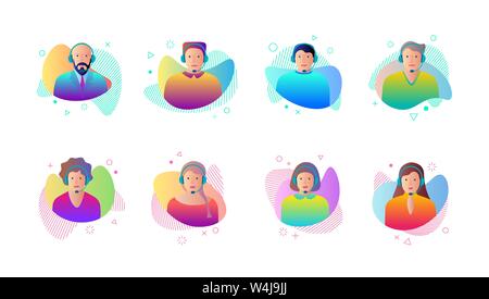 Avatar de l'opérateur de centre d'appel situé sur la forme liquide liquide gradient défini. Homme et femme service de support client avec communication casque contact web Illustration de Vecteur