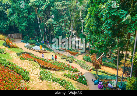 CHIANG RAI, THAÏLANDE - Mai 9, 2019 : les lits de fleurs colorées sur les étroites terrasses, couvrant le versant de montagne de jardin Mae Fah Luang de Doi Tung, le M Banque D'Images