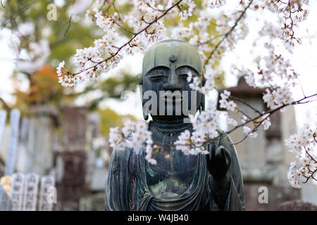 Statue de Bouddha et fleurs de cerisier dans un cimetière japonais, Kyoto. Banque D'Images