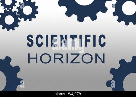 Signe de l'horizon scientifique concept illustration avec des chiffres sur l'engrenage de bleu foncé sur fond gris Banque D'Images