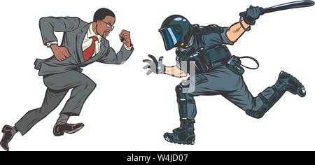Protestant contre l'homme d'Afrique. les droits des noirs. La police anti-émeute avec un baton Illustration de Vecteur