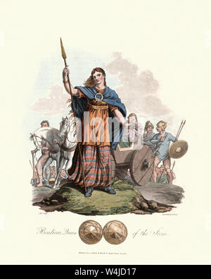 Gravure de Boadicée (Vintage) Boudicca, Reine des Iceni. 1815, le Costume des premiers habitants des îles Britanniques, par MEYRICK, Samuel Banque D'Images