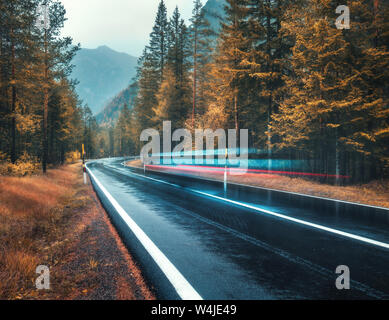 Voiture floue sur la route dans la forêt d'automne dans la pluie Banque D'Images
