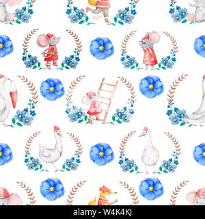 Animaux de sauvetage mignons en cadres fleurs bleues. Zoo sauvage avec cadre fleuri, jeux d'illustrations aquarelle. Goose, souris personnages de dessin animé Wildflowers et Banque D'Images