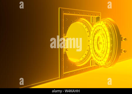 Vue avant de la lumière or bank vault, porte fermée. La porte de la chambre forte avec beaucoup de mécanismes secrets et mots de passe. 3D Render Banque D'Images