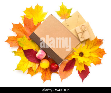 Les feuilles d'automne, ordinateur portable et de l'enveloppe sur un fond blanc. Vue d'en haut. Banque D'Images