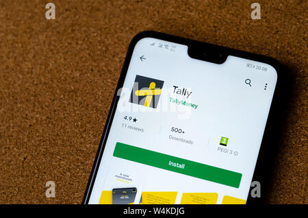 Argent Tally Application bancaire sur l'écran du smartphone. Tally est innovatrice et plate-forme bancaire de l'unité de devise que soutenu par l'or. Banque D'Images