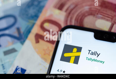 Argent Tally Application bancaire sur l'écran du smartphone. Tally est innovatrice et plate-forme bancaire de l'unité de devise que soutenu par l'or. Banque D'Images