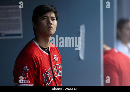 Los Angeles, CA, USA. 23 juillet, 2019. Los Angeles Angels frappeur Shohei Ohtani (17) contrôle le tableau de bord de l'étang-réservoir pendant le jeu entre le Los Angeles Angels of Anaheim et les Dodgers de Los Angeles au Dodger Stadium à Los Angeles, CA. (Photo de Peter Renner and Co) Credit : csm/Alamy Live News Banque D'Images