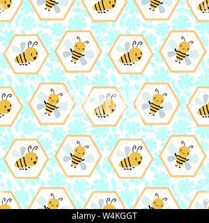 Cute cartoon les abeilles du miel dans les cellules d'abeilles. Vecteur géométrique transparente motif sur fond floral bleu et blanc. Idéal pour les enfants, jardin Illustration de Vecteur