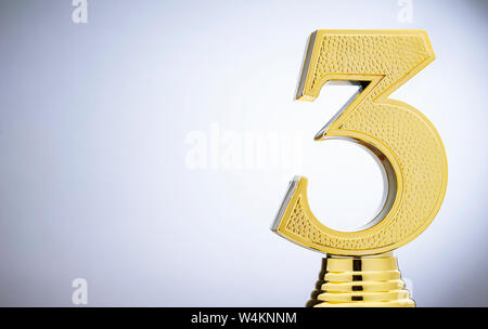 3ème placé runner up metallic gold trophy avec un numéro 3 sur 3D White with copy space Banque D'Images