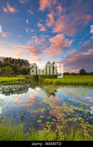 Une rivière qui coule à travers les champs verts luxuriants au coucher du soleil avec un ciel coloré - Meppel, Drenthe, Pays-Bas Banque D'Images