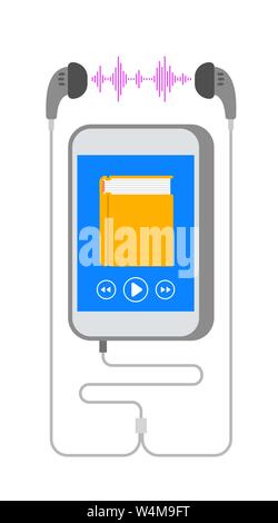 Livre audio concept. Application Smartphone pour la lecture e-book. Lecteur de livre audio électronique sur écran du téléphone mobile et d'écouteurs. Vecteur de bibliothèque en ligne Illustration de Vecteur